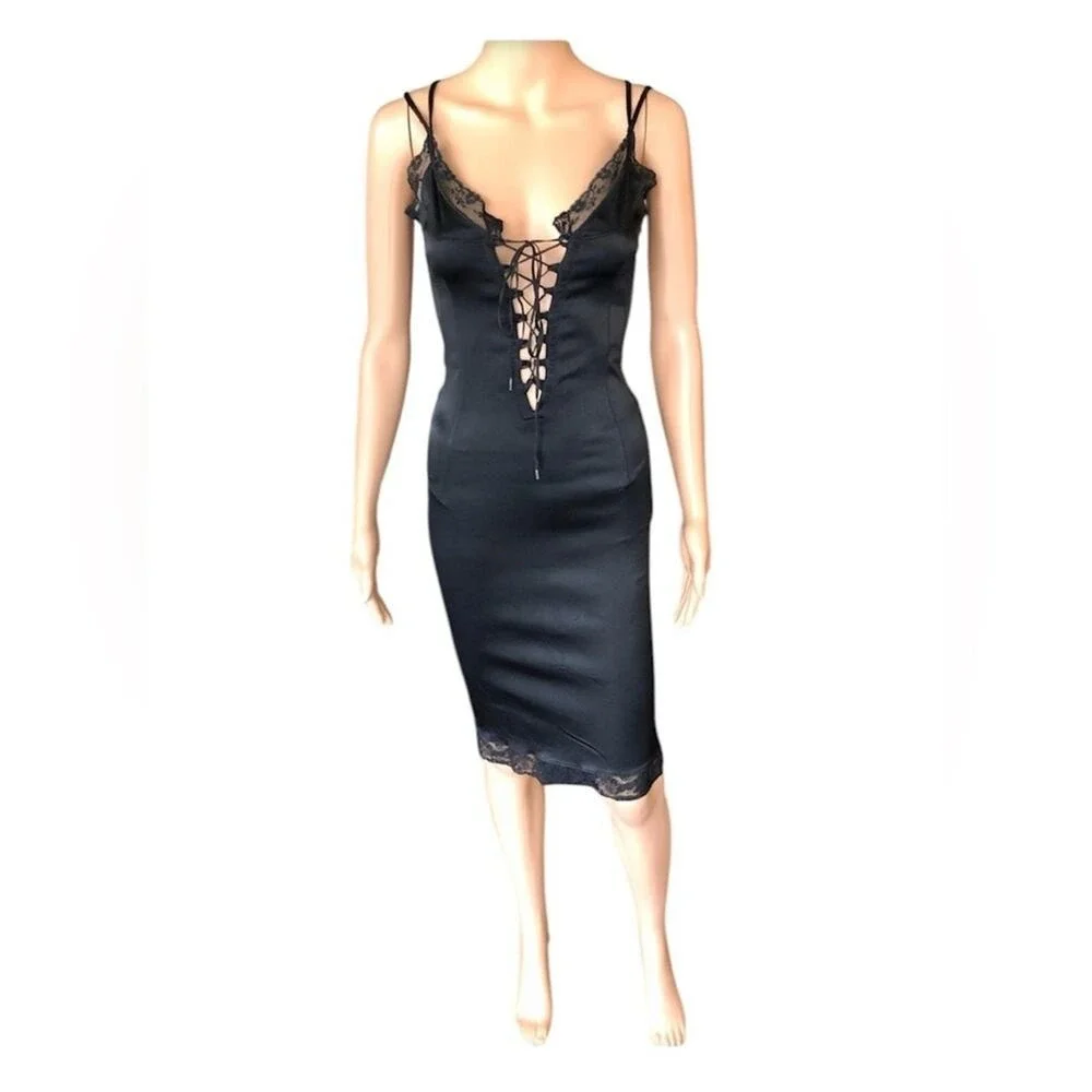 D&G by Dolce & Gabbana c. 2001 Corset Lace Up Bustier Black Dress 0